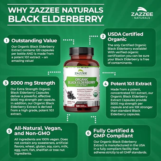 Zazzee USDA Organic Black Elderberry 10:1 5000 mg 120 Vegan 2 Month 10X Extract, 100% Vegetarian,