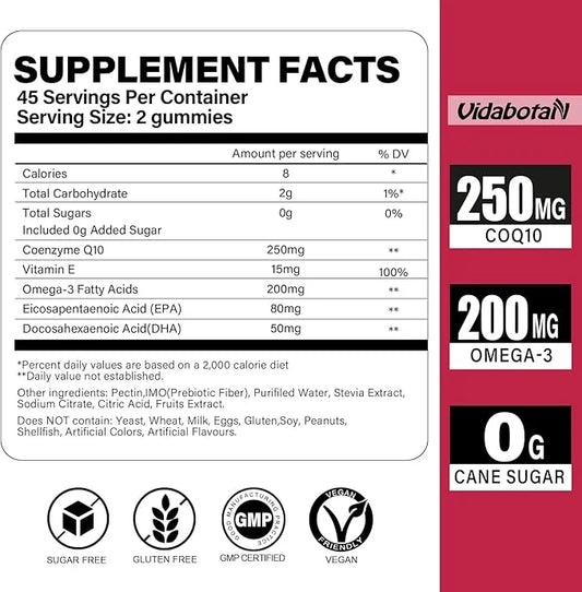 Sugar Free CoQ 10 gummies 250mg Omega-3, High Q10 Supplements 90 chewable