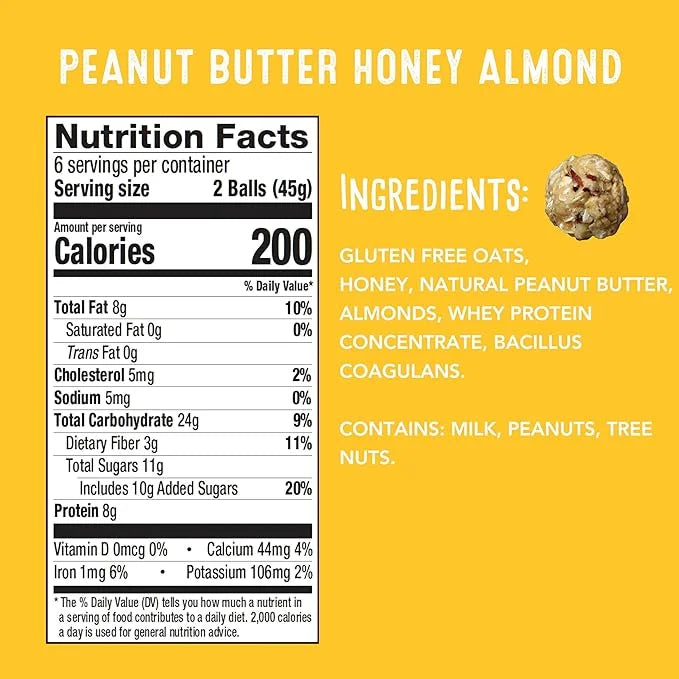 Whole Food Protein Balls with Probiotics - Peanut Butter Honey Almond Snacks - 8g Protein Snack - Gluten Free Energy Balls...