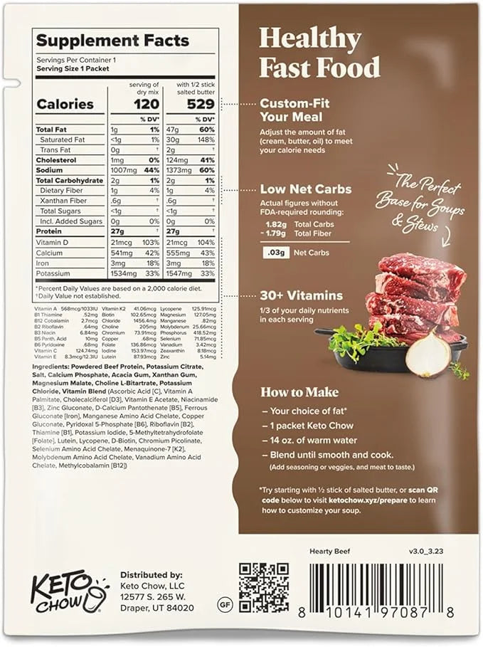 Keto Chow Hearty Beef - Keto Meal Replacement Soup Powder - Nutritionally Complete - Low Carb - Delicious Easy Meal Substi...