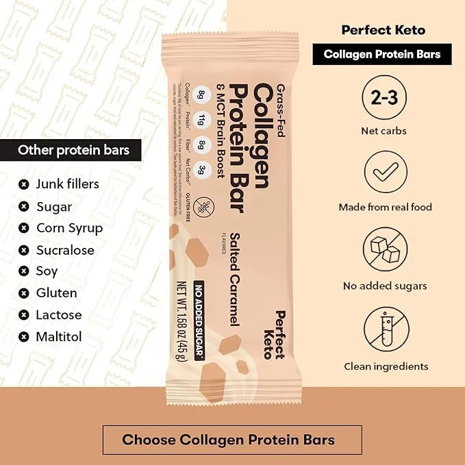 Perfect Keto Collagen Protein Bar, Gluten Free with Grass Fed Collagen + MCT Oil, Low Carb, No Sugar Added, High Protein S...