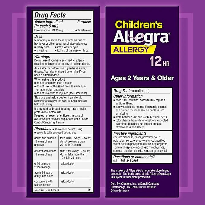 Allegra Children's 12HR Non-drowsy Antihistamine Liquid, 4 oz.