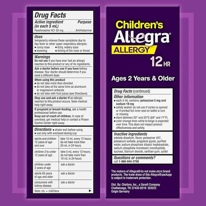 Allegra Children's 12HR Non-drowsy Antihistamine Liquid, 4 oz.