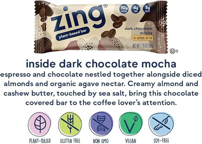 Zing Dark Chocolate Mocha Vegan Protein Bars, Gluten Free with High Protein, High Fiber, Dairy Free Nutrition Bars, Plant ...