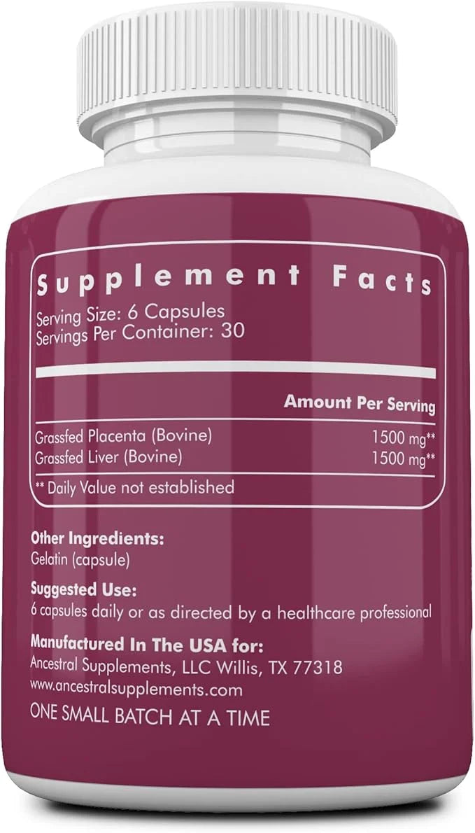 Ancestral Supplements Grass Fed Placenta Supplement with Liver, Contains Postpartum Vitamins for Women Breastfeeding, Prom...