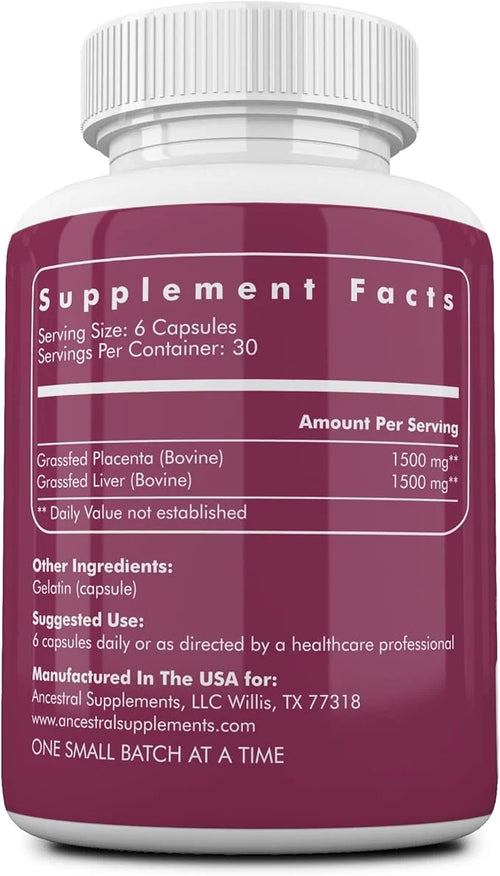 Ancestral Supplements Grass Fed Placenta Supplement with Liver, Contains Postpartum Vitamins for Women Breastfeeding, Prom...