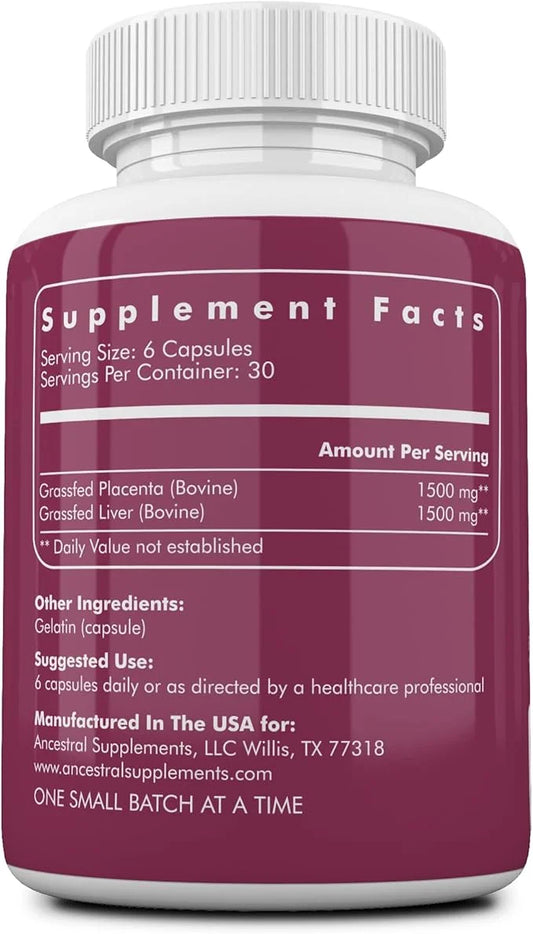 Ancestral Supplements Grass Fed Placenta Supplement with Liver, Contains Postpartum Vitamins for Women Breastfeeding, Prom...