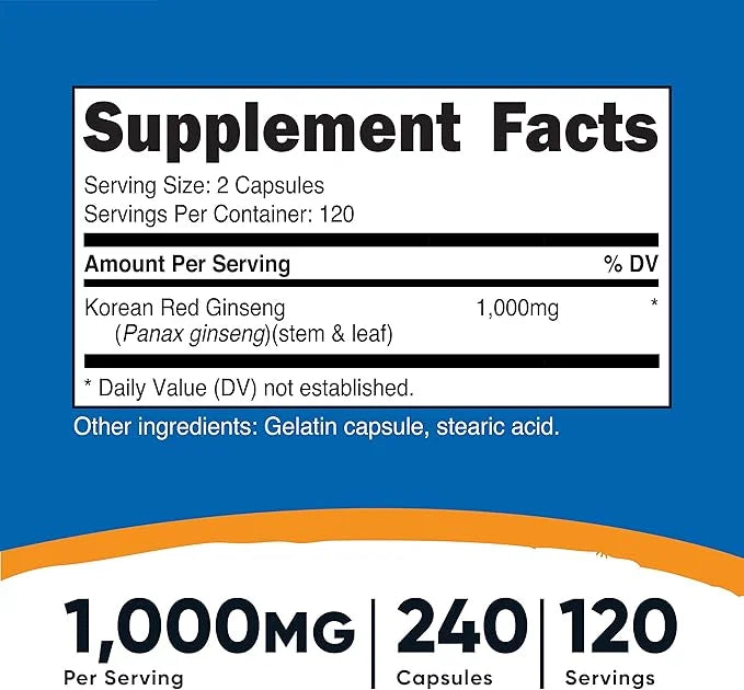 Nutricost Korean Ginseng 500mg, 240 Capsules (3 Bottles) 1000mg Extra