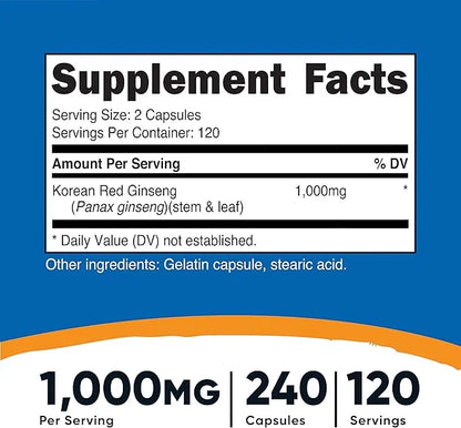 Nutricost Korean Ginseng 500mg, 240 Capsules (3 Bottles) 1000mg Extra