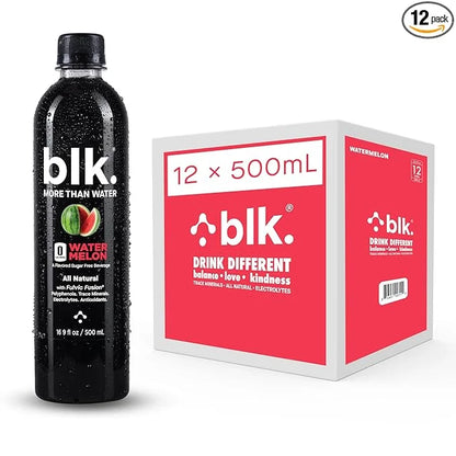 blk. Natural Mineral Alkaline Water, Watermelon, 500 mL Pack of 12, 8 pH Water, Bioavailable Fulvic & Humic Acid Extract, ...