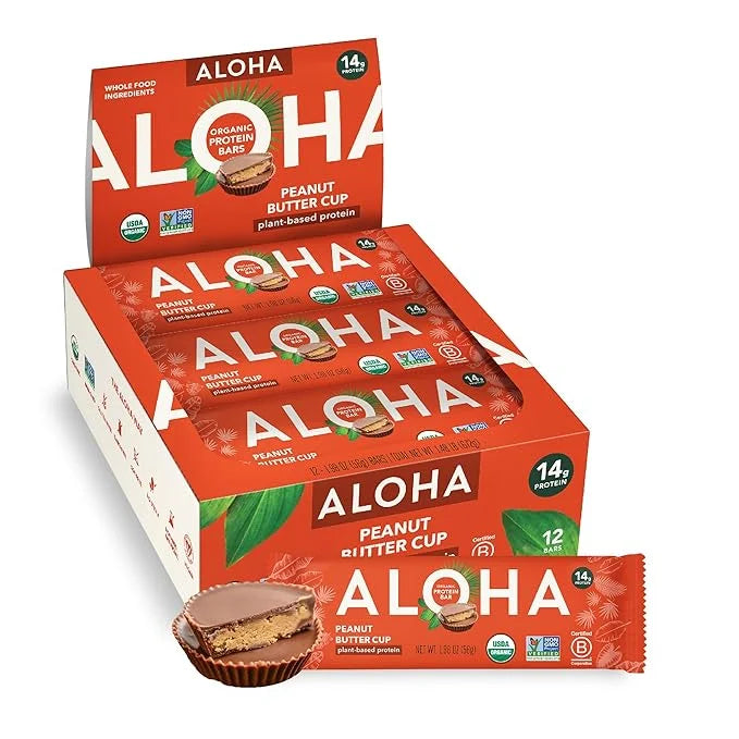 ALOHA Organic Plant Based Protein Bars - Peanut Butter Cup Bar - 12 Bars, Vegan, Low Sugar, Gluten-Free, Low Carb, Non-GMO...