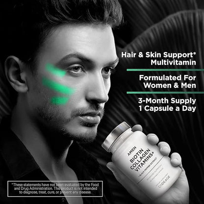 Amen Biotin Collagen Vitamins+ Advanced Hair, 10,000mcg Biotin, 3-Month Supply, 90 Capsules