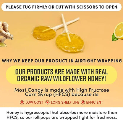 MommaBear Motion Sickness Lollipop - Natural Lollipops with Organic Honey, Lemon & Ginger - Stomach Upset Suckers for Adul...