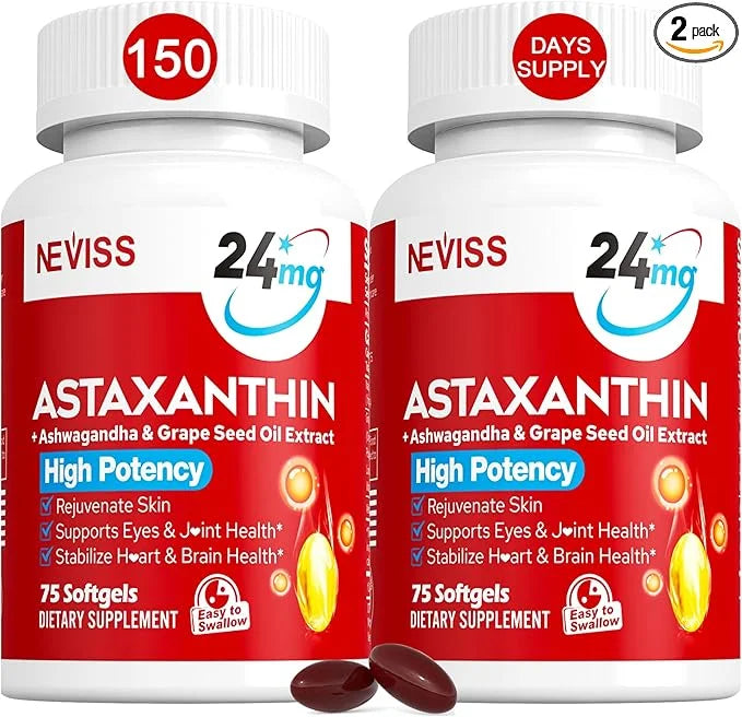 Astaxanthin Supplements 24mg, 5 Month Supply - Coconut MCT Oil, Fresh Microalgae Source w/Grape Seed Oil, Ashwagandha - An...
