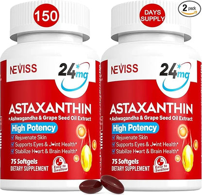 Astaxanthin Supplements 24mg, 5 Month Supply - Coconut MCT Oil, Fresh Microalgae Source w/Grape Seed Oil, Ashwagandha - An...