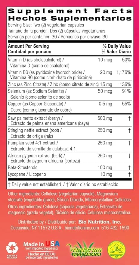 Bio Nutrition Prostate Wellness Support Supplement 60 Vegetarian Capsules | Natural Formula for Men’s Health | Promotes He...