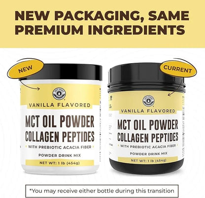 Keto MCT Oil Powder + Collagen + Prebiotic Acacia Fiber, Vanilla Flavor, 16oz. MCT Oil Powder from Coconuts. Grass Fed Col...