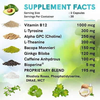 12-in-1 Nootropic Brain Supplement with Caffeine Anhydrous: Ginkgo Biloba for Brain Support, Memory and Focus - B12, Alpha...