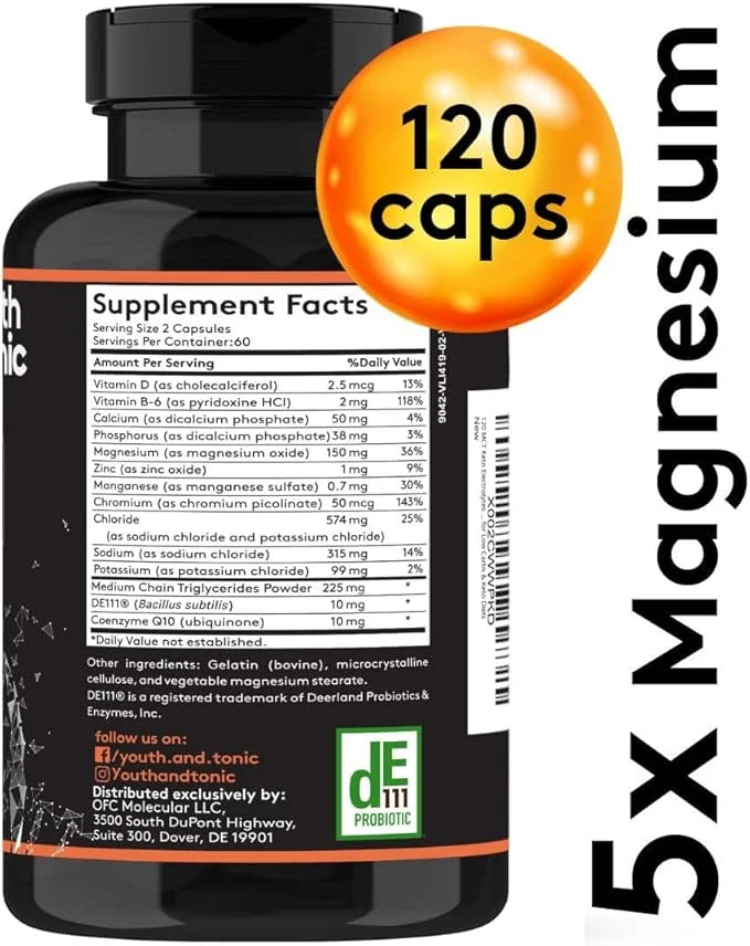120 MCT Keto Electrolytes Pills | 150 mg Magnesium Probiotics Co Q 10 | Potassium Sodium Chloride Calcium Zinc & D3 Vitami...