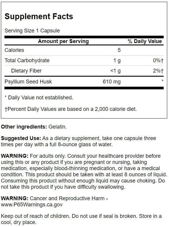 Swanson Psyllium Husk Dietary Fiber Supplement 610 mg 300 Capsules 3 Pack