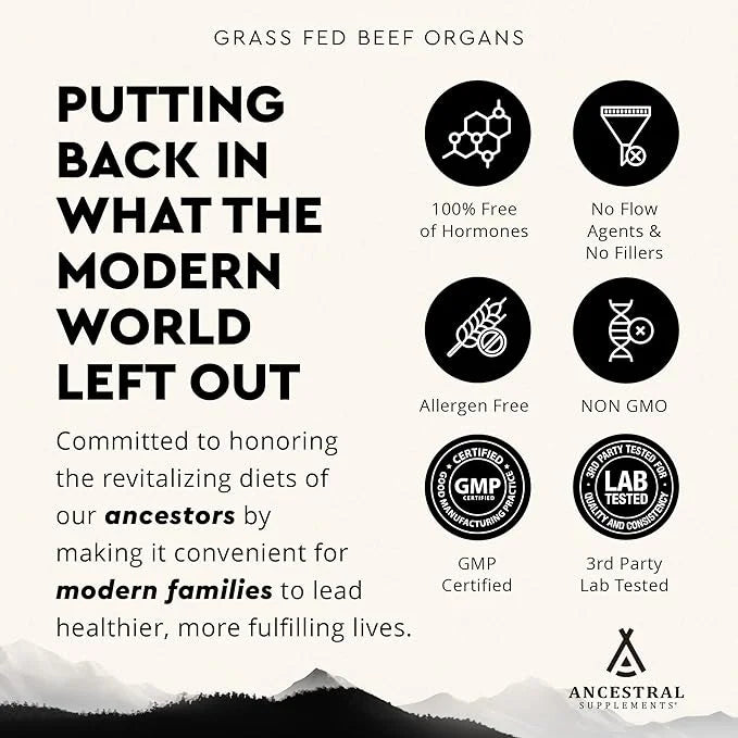 Ancestral Supplements Grass Fed Beef Organ Supplement, Supports Whole Body Wellness with Proprietary Blend of Liver, Heart...