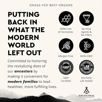 Ancestral Supplements Grass Fed Beef Organ Supplement, Supports Whole Body Wellness with Proprietary Blend of Liver, Heart...