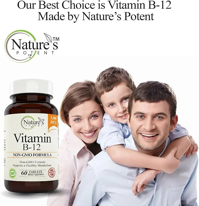 Nature's Potent Vitamin B-12, 5000mcg, Non-GMO B12) - (60 Tablets)