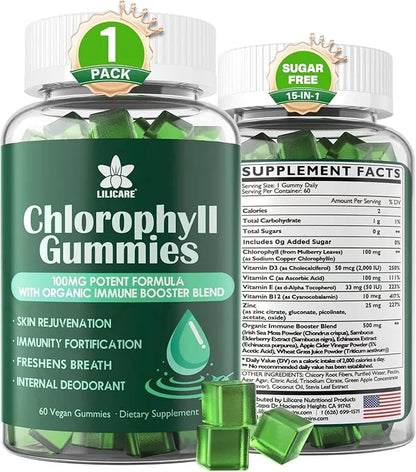 Sugar Free Chlorophyll Gummies - with Unfiltered ACV, Sea Moss & Elderberry, Echinacea, Vitamin D3, C, E, B12 - Natural De...