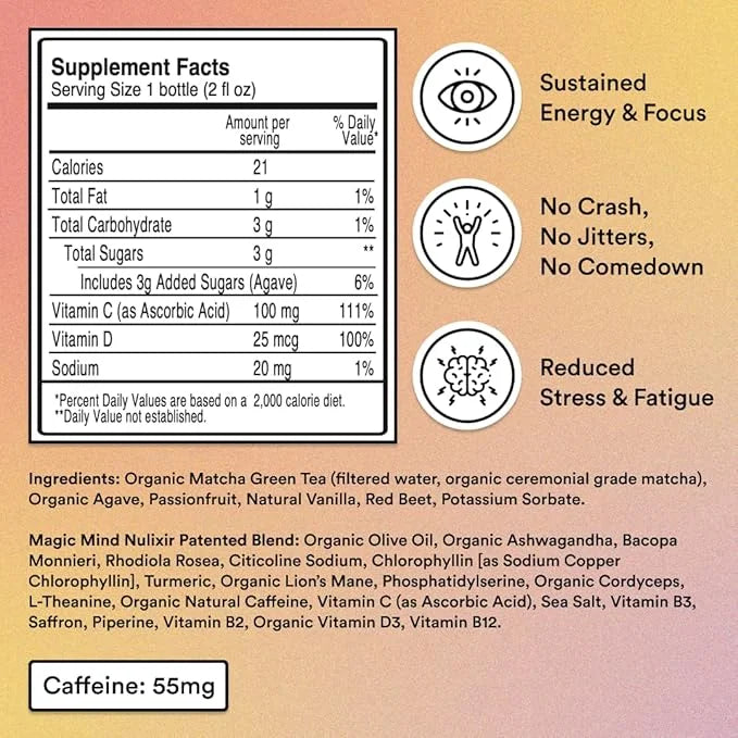 Magic Mind Focus Energy Drink Shots B12, Vitamin 2 FL (5 Pack)