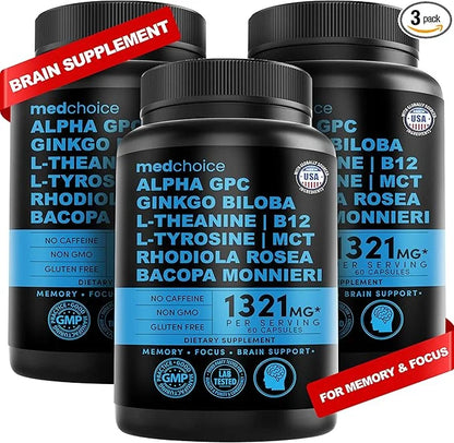 12-in-1 Nootropic Brain Supplement Anhydrous: Ginkgo Biloba for Brain Support, Memory and Focus - B12, Alpha GPC, L Theani...
