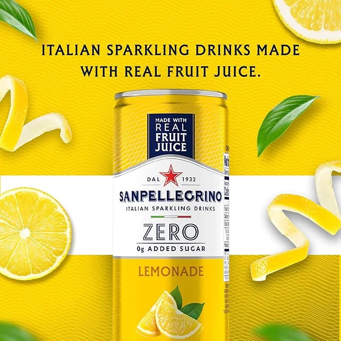 Sanpellegrino Zero Grams Added Sugar Italian Sparkling Drinks Lemonade, Sparkling Lemon Beverage, 24 Pack of 11.15 Fl Oz C...