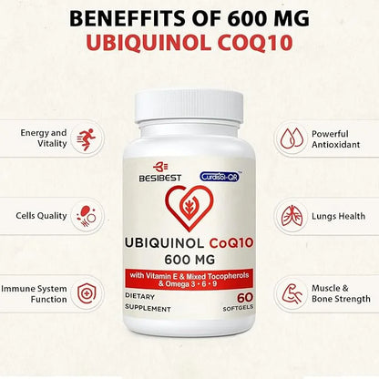 Ubiquinol CoQ10-600mg-Softgel, Active Form of Coq10 3, 6, 6, 9, 9, High Absorption-Coenzyme-Q10, Powerful 240 Count