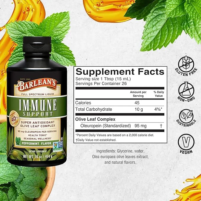 Barlean's Peppermint Olive Leaf Complex Liquid Immune Support Supplement with 95mg Oleuropein Antioxidants, 16 Ounce - Pro...