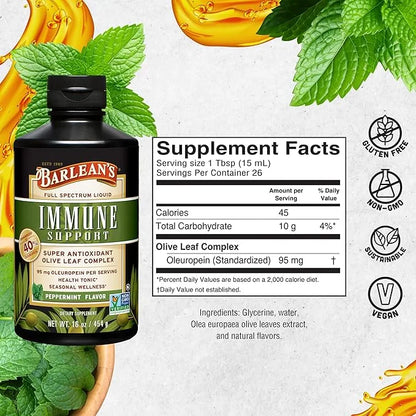 Barlean's Peppermint Olive Leaf Complex Liquid Immune Support Supplement with 95mg Oleuropein Antioxidants, 16 Ounce - Pro...