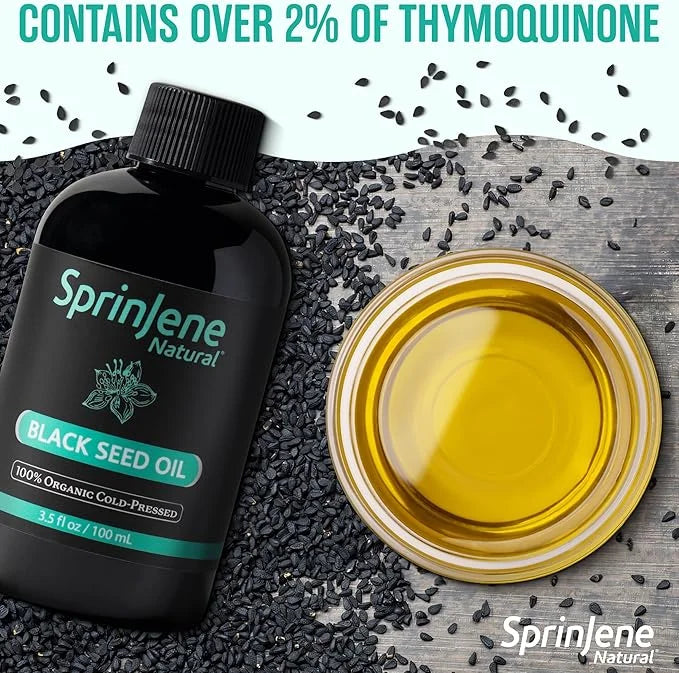 SprinJene Natural® 100% Pure Organic Black Seed Oil Cold Pressed for Oral Wellness, Nigella Sativa Black Seed Oil, Black C...