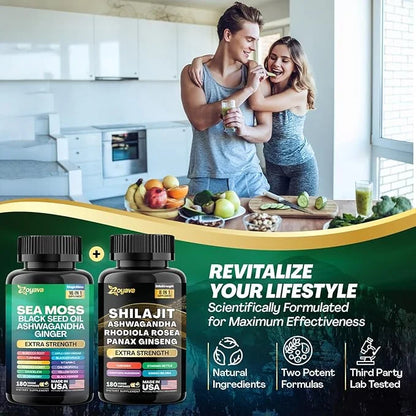 Zoyava Dynamic Vitality Bundle, Sea Moss 7000mg, Black 4000mg, Ashwagandha 2000mg, Ginger 9000mg, Rhodiola 1000mg, Panax (...