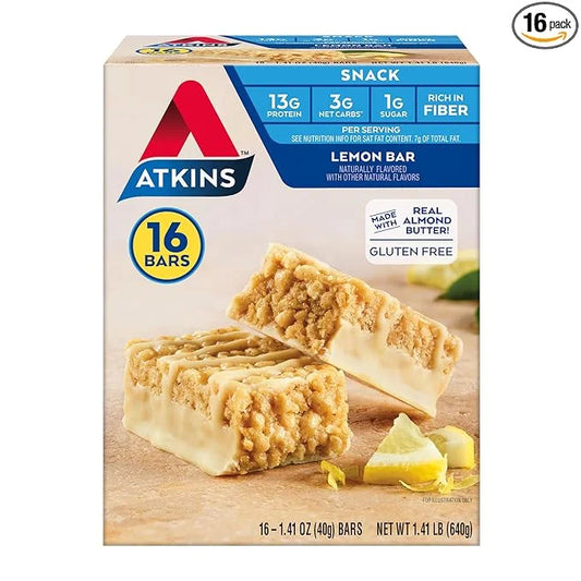Atkins Snack Bar, Lemon Bar, 13g Protein, 3g Net Carbs, 1g Sugar, Made with Real Almond Butter, Gluten Free, High in Fiber...