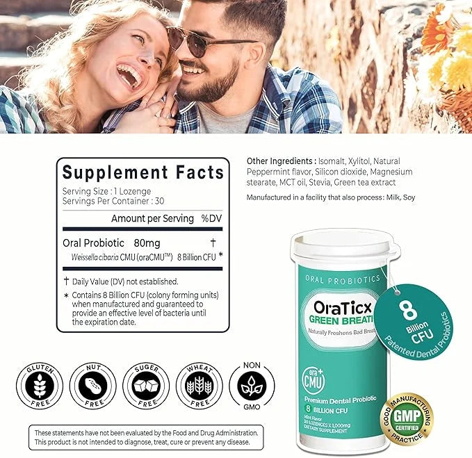Oral Probiotics Green Breath, Freshen Bad Breath, Dental Probiotic Supplement for Oral Health, 8 Billion CFU, Mint Flavor ...