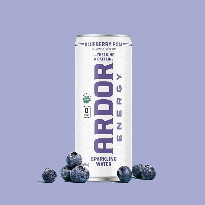 ARDOR ENERGY Sparkling Water Blueberry Pom 12 pack with 100mg Organic Caffeine from Green Tea & 200mg Organic L-Theanine (...