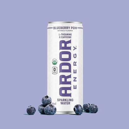 ARDOR ENERGY Sparkling Water Blueberry Pom 12 pack with 100mg Organic Caffeine from Green Tea & 200mg Organic L-Theanine (...