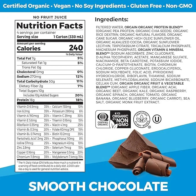 Orgain Organic Nutritional Vegan Protein Shake, 16g Plant 22 Vitamins 11 Fl 4)