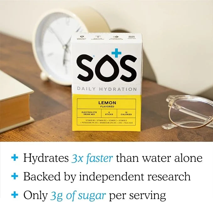 SOS Hydration Electrolyte Powder Packets, Lemon Flavor, 8 Stick Packs – Low-Calorie, Zero Sugar, Rapid Rehydration, Made i...