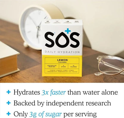 SOS Hydration Electrolyte Powder Packets, Lemon Flavor, 8 Stick Packs – Low-Calorie, Zero Sugar, Rapid Rehydration, Made i...