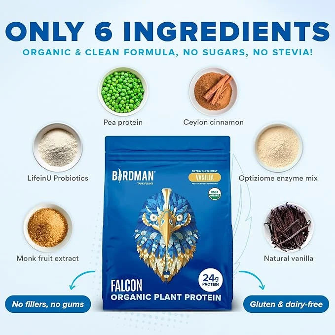 BIRDMAN Falcon Vegan Protein Powder Organic, Stevia & Sugar Free, Plant Based Protein, Low Carb, Dairy Free, Keto, Non Whe...