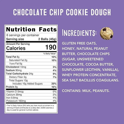 Whole Food Protein Balls with Probiotics - Chocolate Chip Cookie Dough Snacks - 8g Protein Snack - Gluten Free Energy Ball...