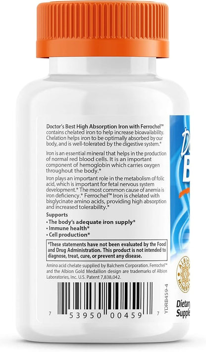 Doctor's Best High Absorption Iron Tablet with Ferrochel, Gentle on The Stomach, Immune Health, Blood Health, 27 mg (Pack ...