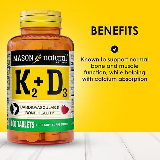 MASON NATURAL Vitamin K2 + D3, 100-Day Supply, with Calcium for Normal Bone and Muscle Support, Tablets - Product Image