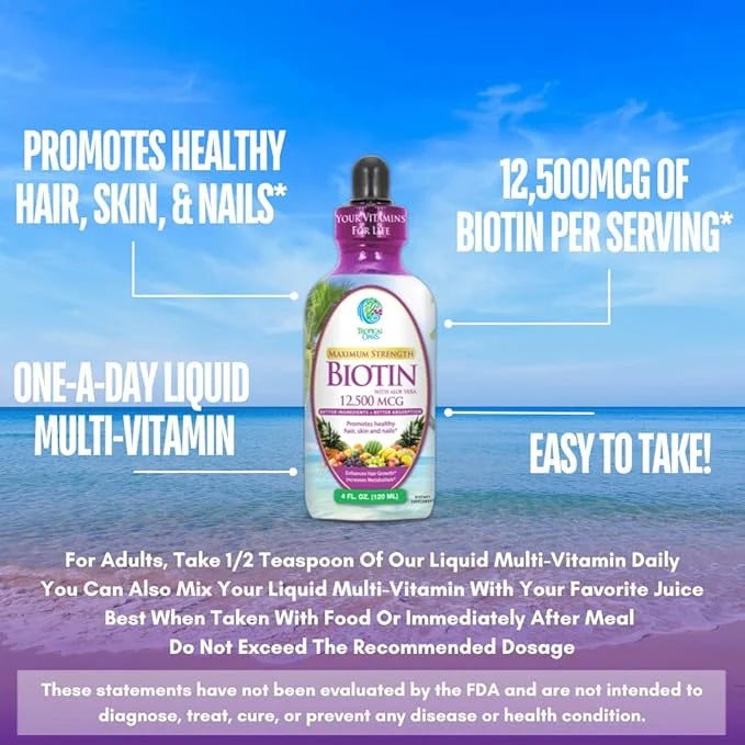 Maximum Strength Liquid Biotin Drops w/ 12,500 MCG -5X More 4oz, 30 30 Serv