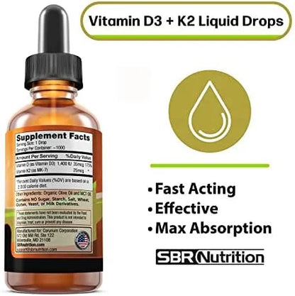 MAX Absorption, Vitamin D3 + K2 (MK-7) Liquid Drops with MCT Oil, Unflavored, Helps Support Strong Bones and Healthy Heart...