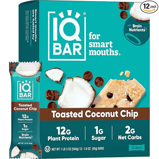 IQBAR Brain and Body Plant Protein Bars - Toasted Coconut Chip - 12-Count Low Carb - Gluten Free, High Fiber, Vegan Snacks...